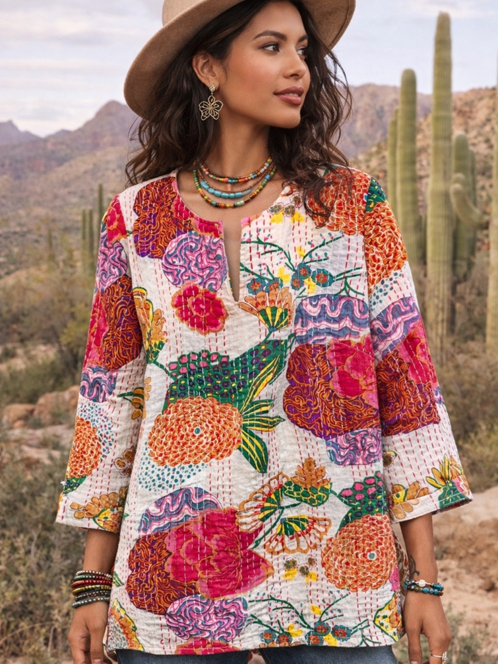Boho Kantha Quilt Top Floral Tunic Anthropologie‎ Style L/XL
